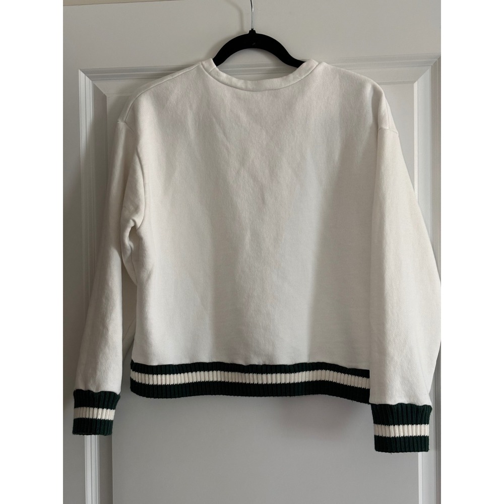 ZARA White Crewneck Sweatshirt Green Stripe Cuffs Size S - Picture 2 of 5